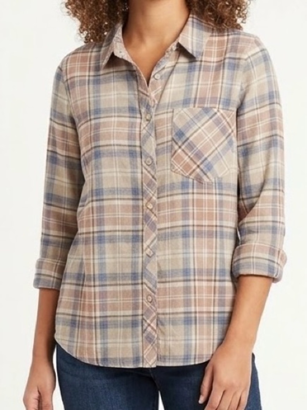 BE COOL Beige & Blue Plaid Button-Down